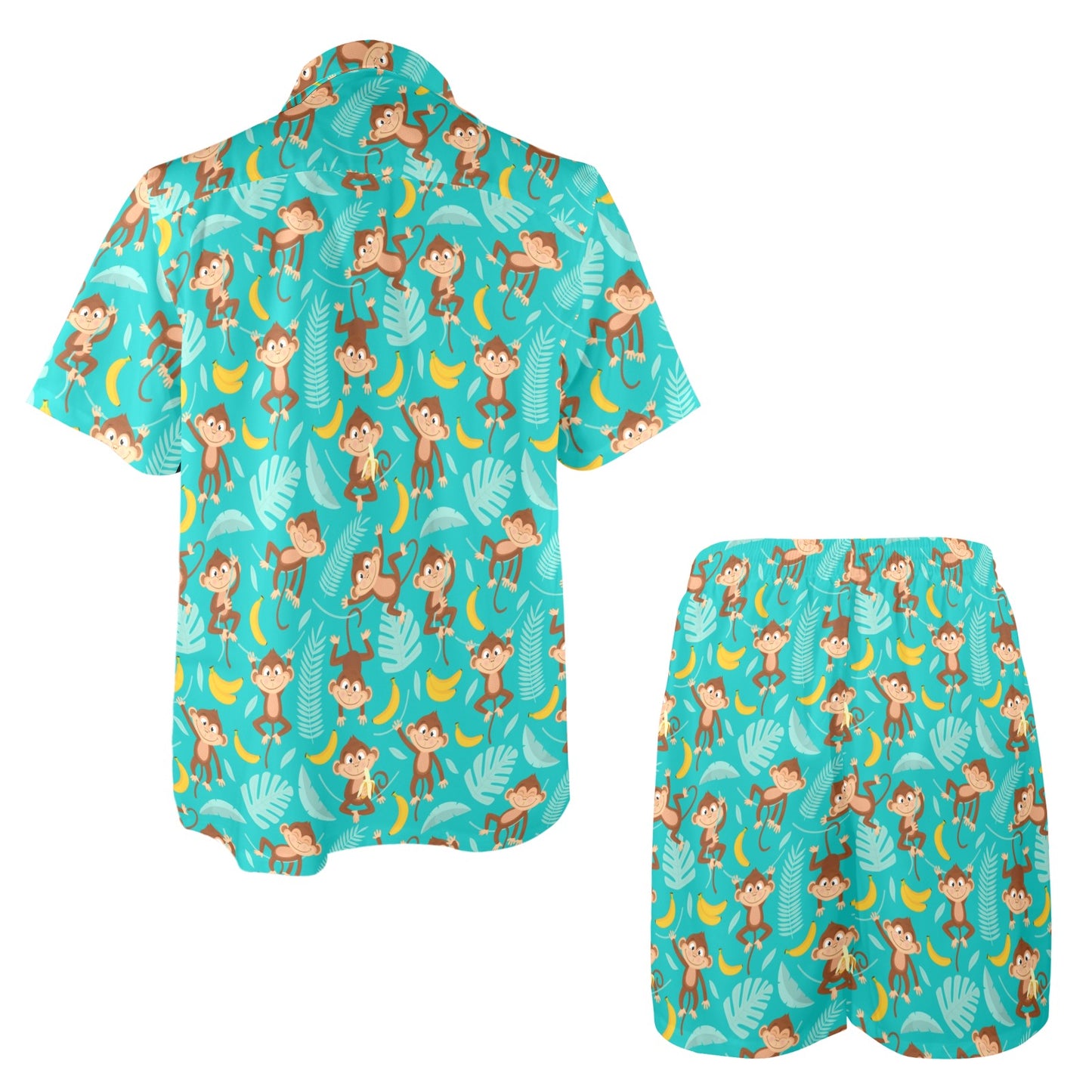 Monkey Happy Design Themed Print Men's Beach Shirt and Shorts Set