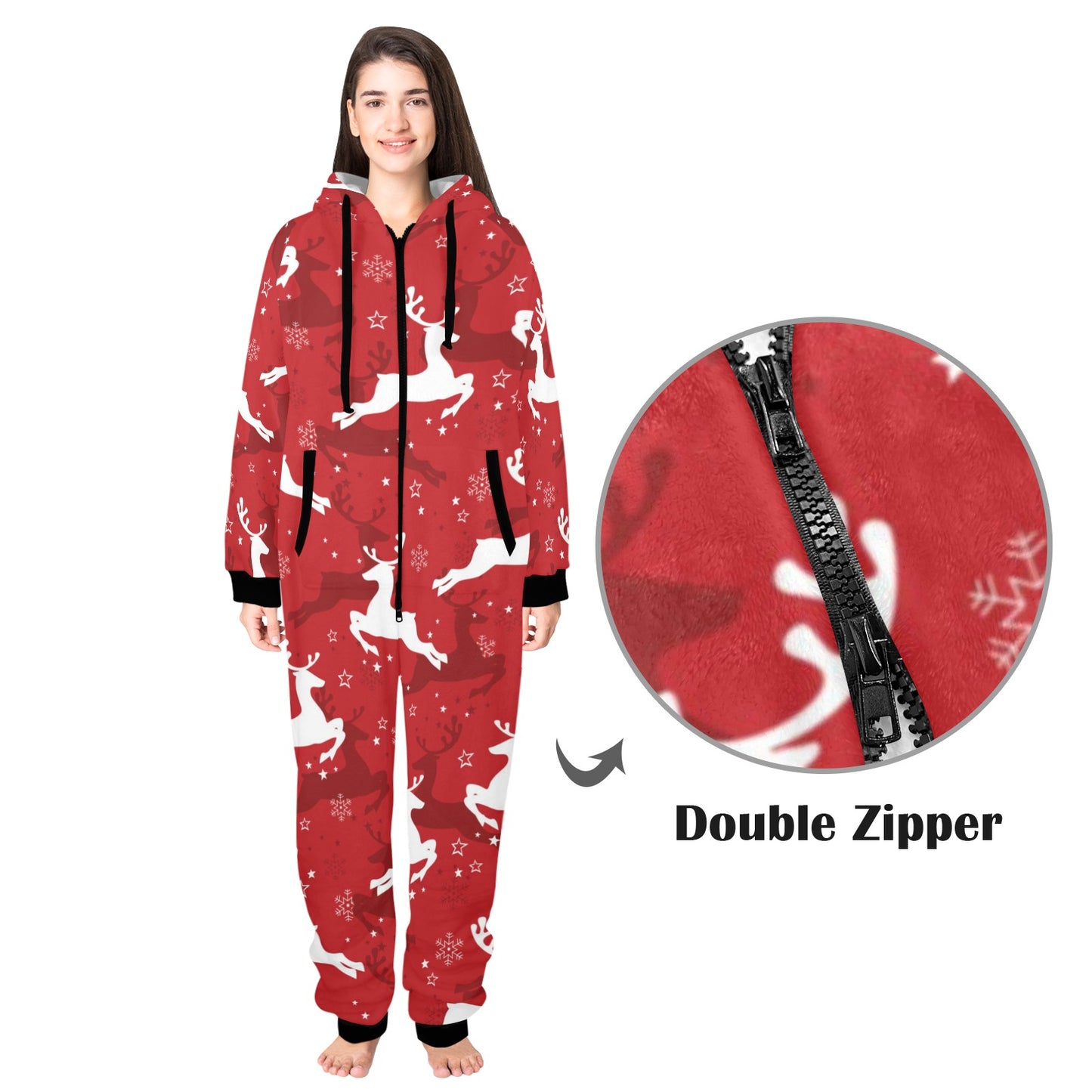 Reindeer Red Pattern Print Design 01 Hooded Fleece Onesie Pajama Jumpsuit