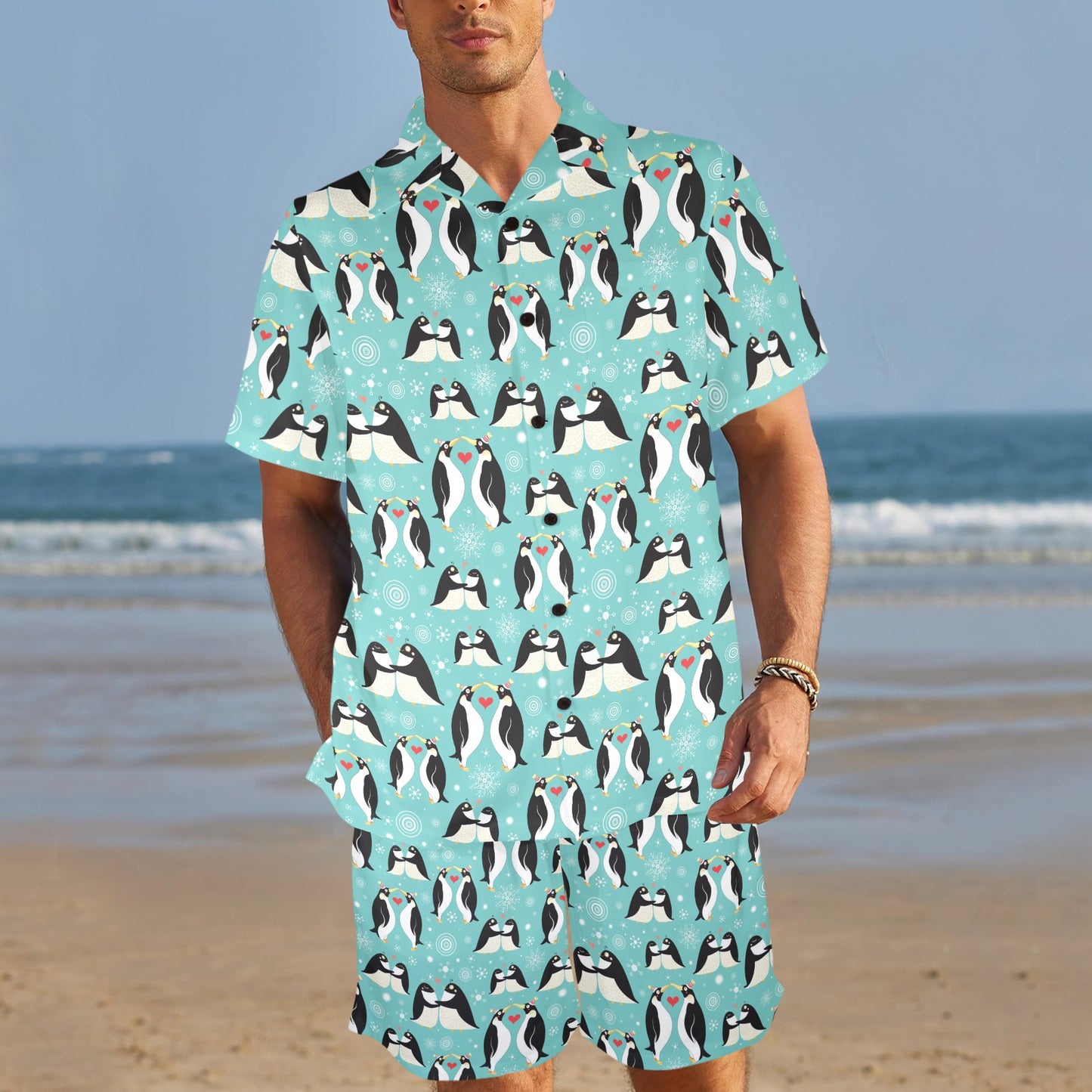 Penguin Love Print Men's Beach Shirt and Shorts Set