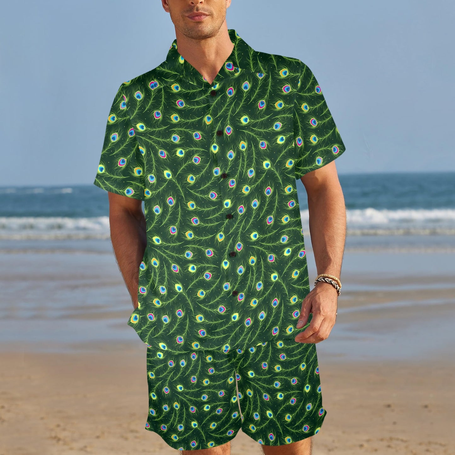 Peacock Feather Green Design Print Men's Beach Shirt and Shorts Set