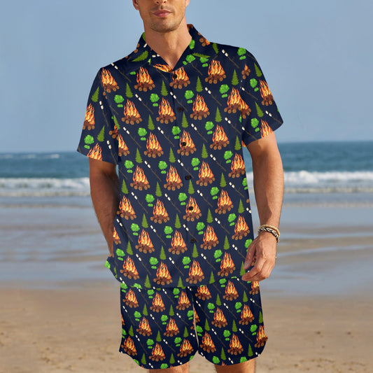 Camfire marshmallow Camping Design Print Men's Beach Shirt and Shorts Set
