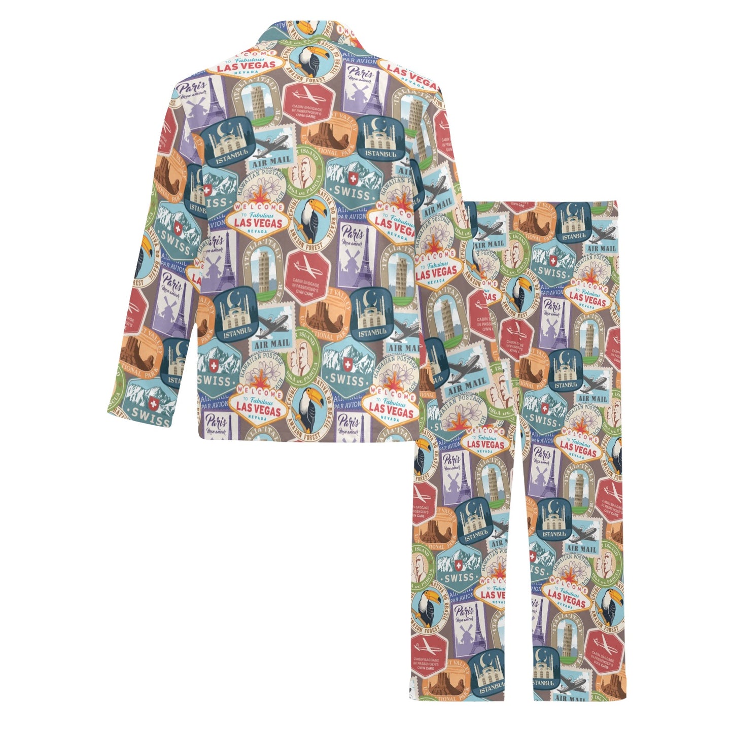 Travel Stamp Print Design LKS301 Men's Long Pajama Set