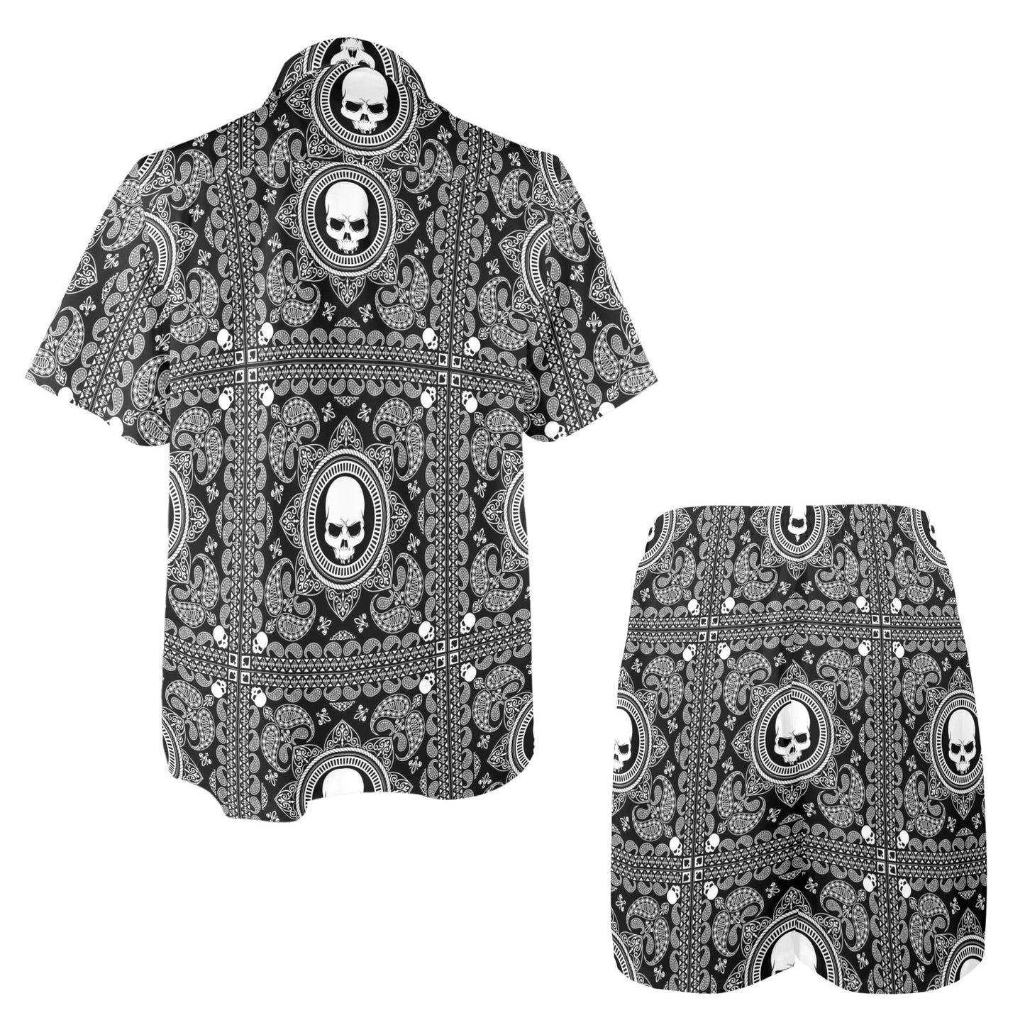 Bandana Skull Print Design LKS303 Men's Beach Shirt and Shorts Set
