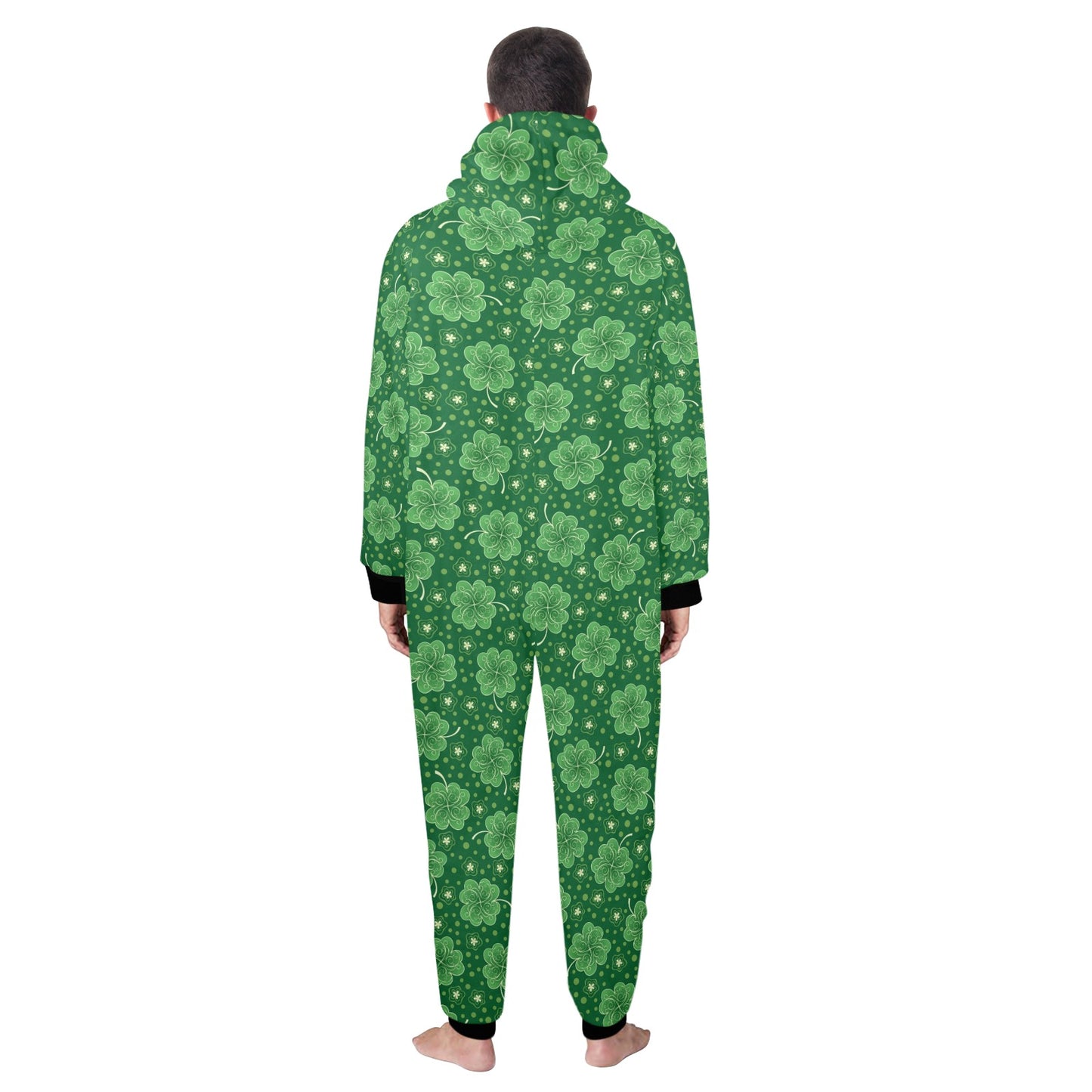 Shamrock Design Print Hooded Fleece Onesie Pajama Jumpsuit