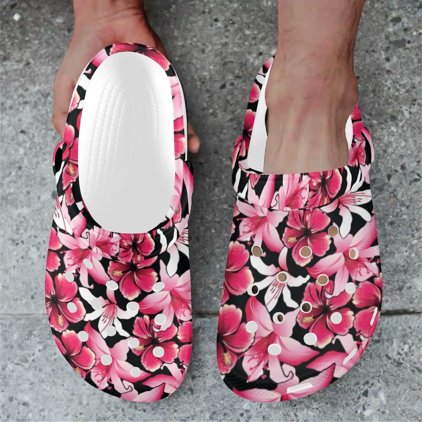 Flower Hawaiian Pink Red Hibiscus Print Unisex Clogs Shoes