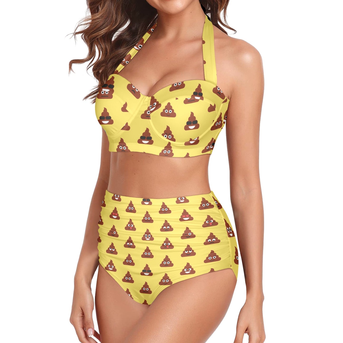 Emoji Poop Print Pattern Halter Neck Bikini Swimsuit