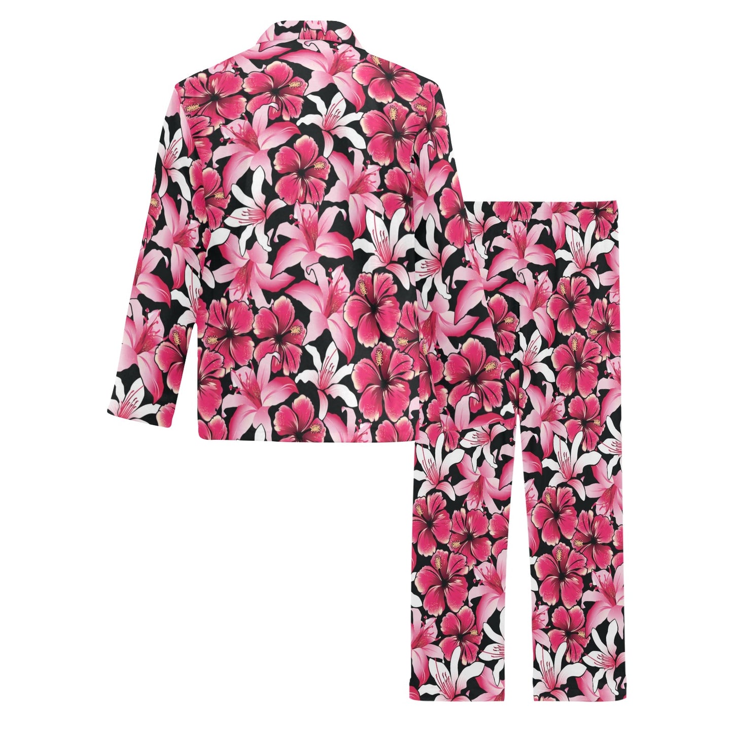 Flower Hawaiian Pink Red Hibiscus Print Men's Long Pajama Set