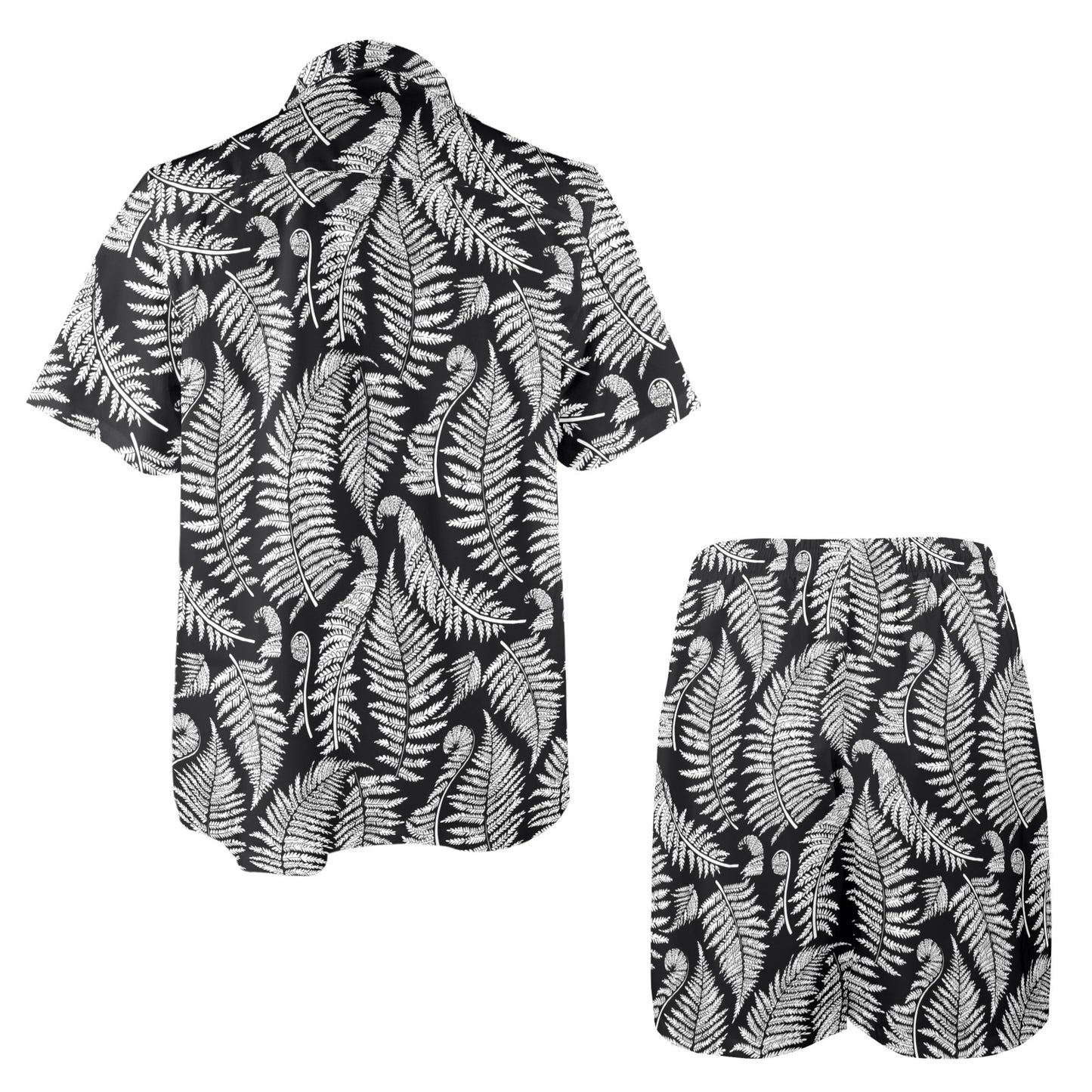 Fern Leave Black White Print Pattern Men's Beach Shirt and Shorts Set