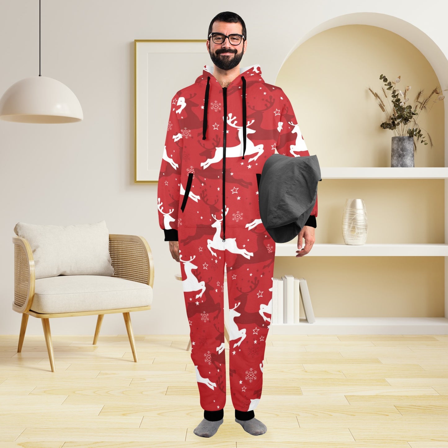 Reindeer Red Pattern Print Design 01 Hooded Fleece Onesie Pajama Jumpsuit