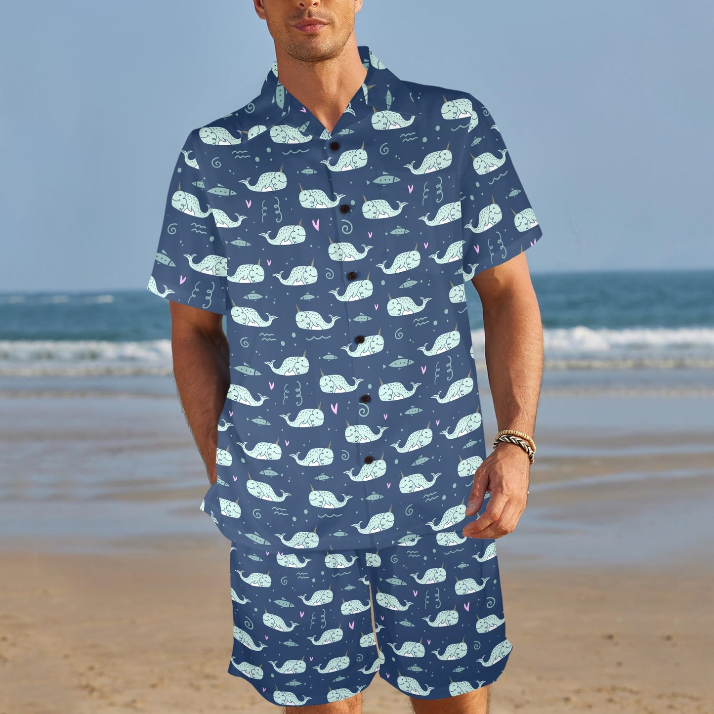 Narwhal Design Print Men's Beach Shirt and Shorts Set