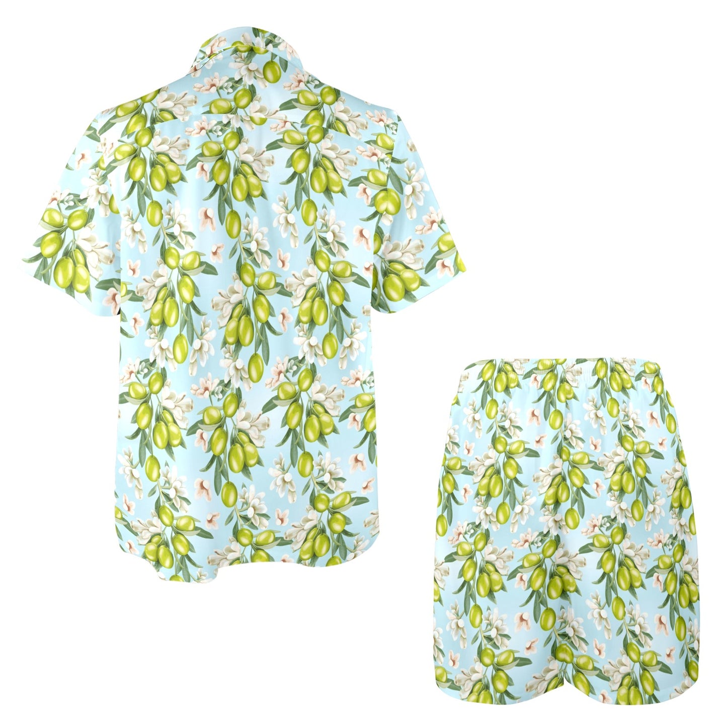 Elegant Olive Floral Print Men's Beach Shirt and Shorts Set