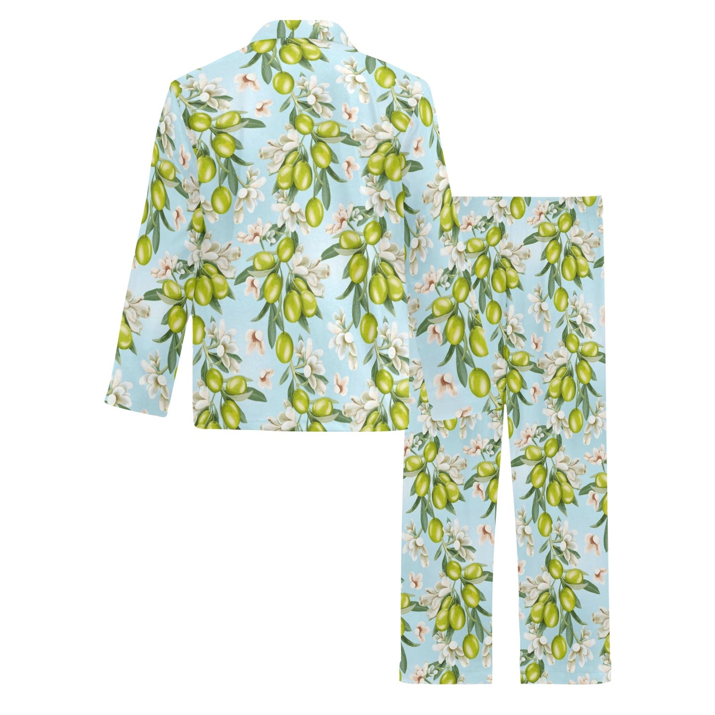 Elegant Olive Floral Print Men's Long Pajama Set