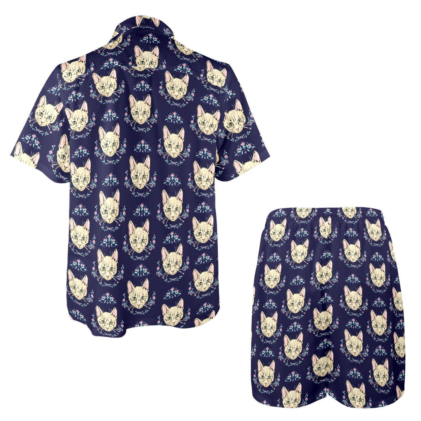 Cat Head with flower Print Pattern Men's Beach Shirt and Shorts Set