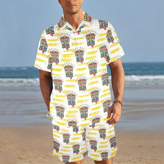 Tiki Smile Mask Print Pattern Men's Beach Shirt and Shorts Set