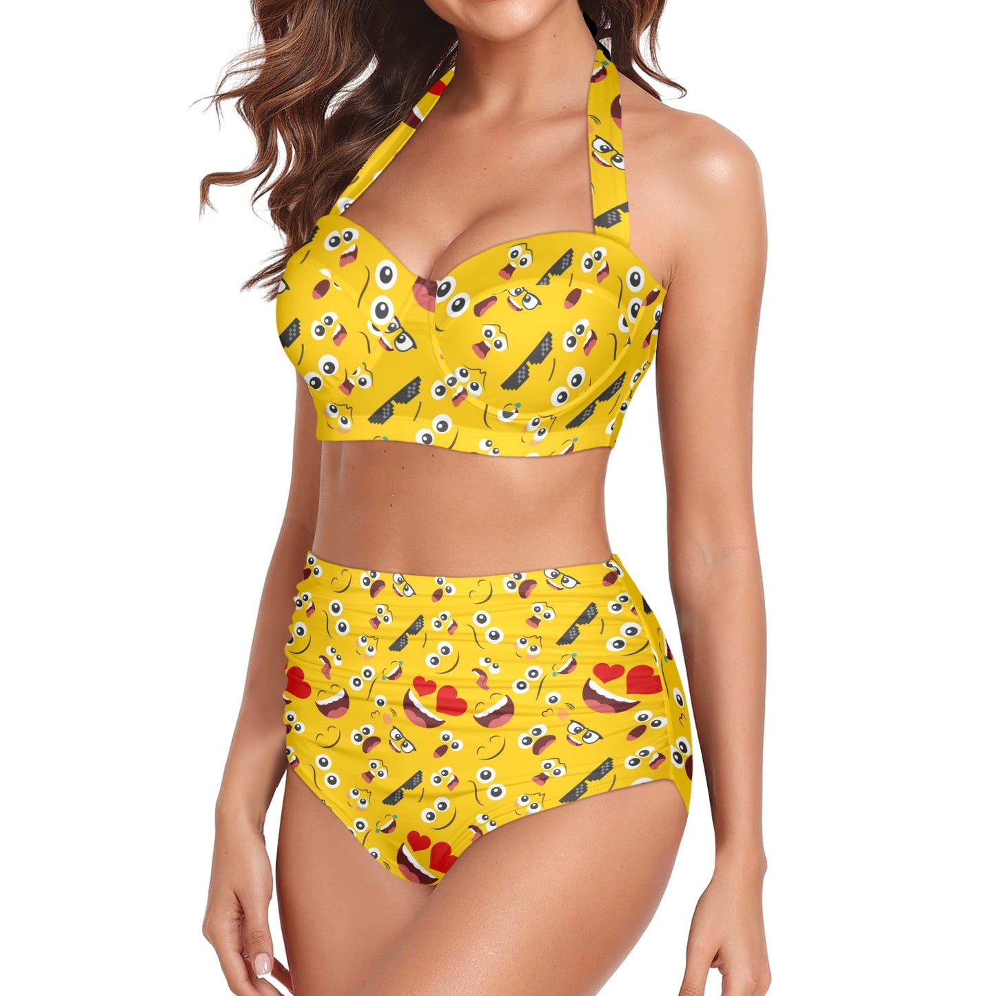 Emoji Face Print Pattern Halter Neck Bikini Swimsuit