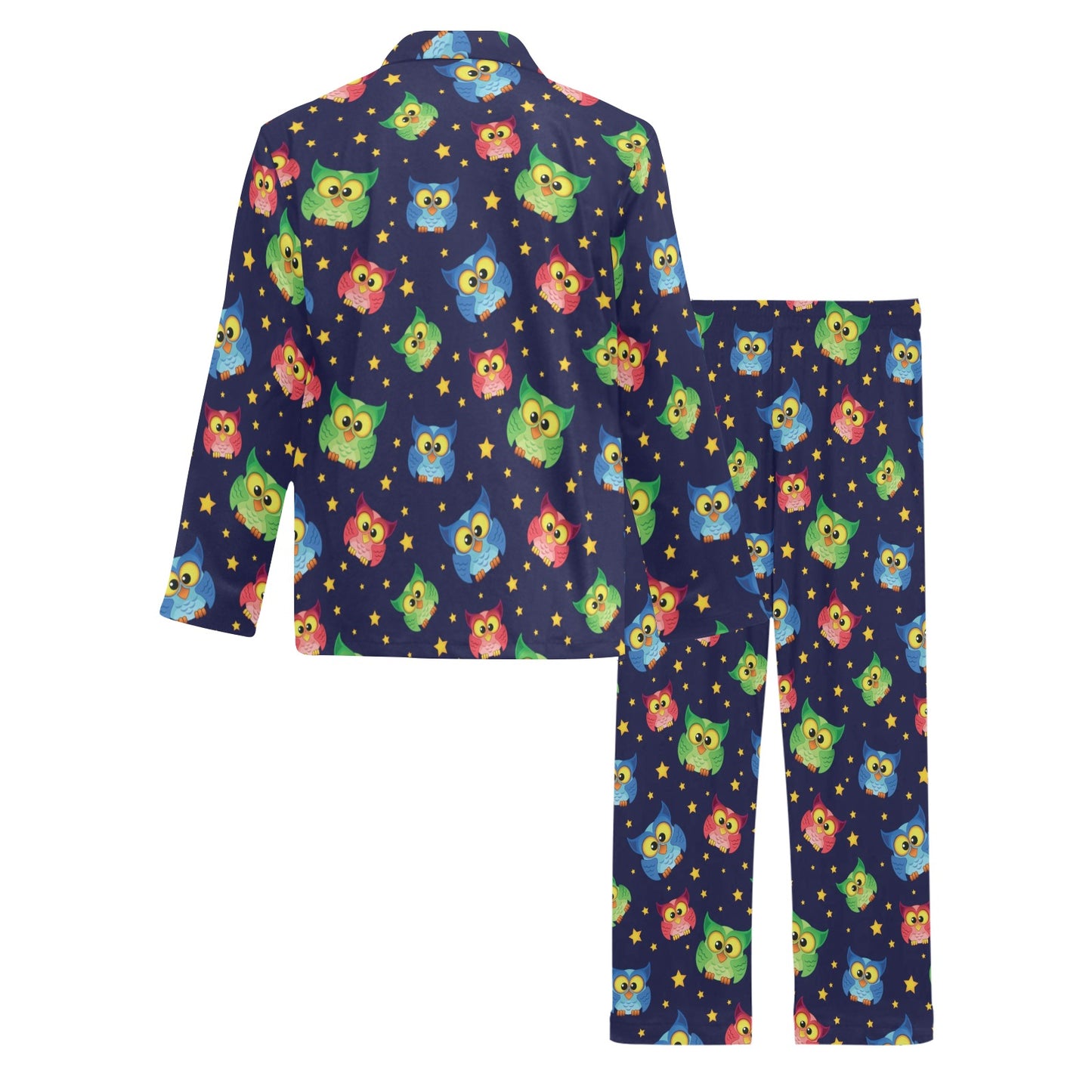Owl with Star Themed Design Print Men's Long Pajama Set