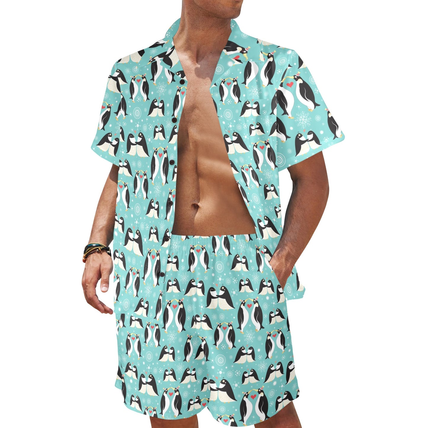 Penguin Love Print Men's Beach Shirt and Shorts Set