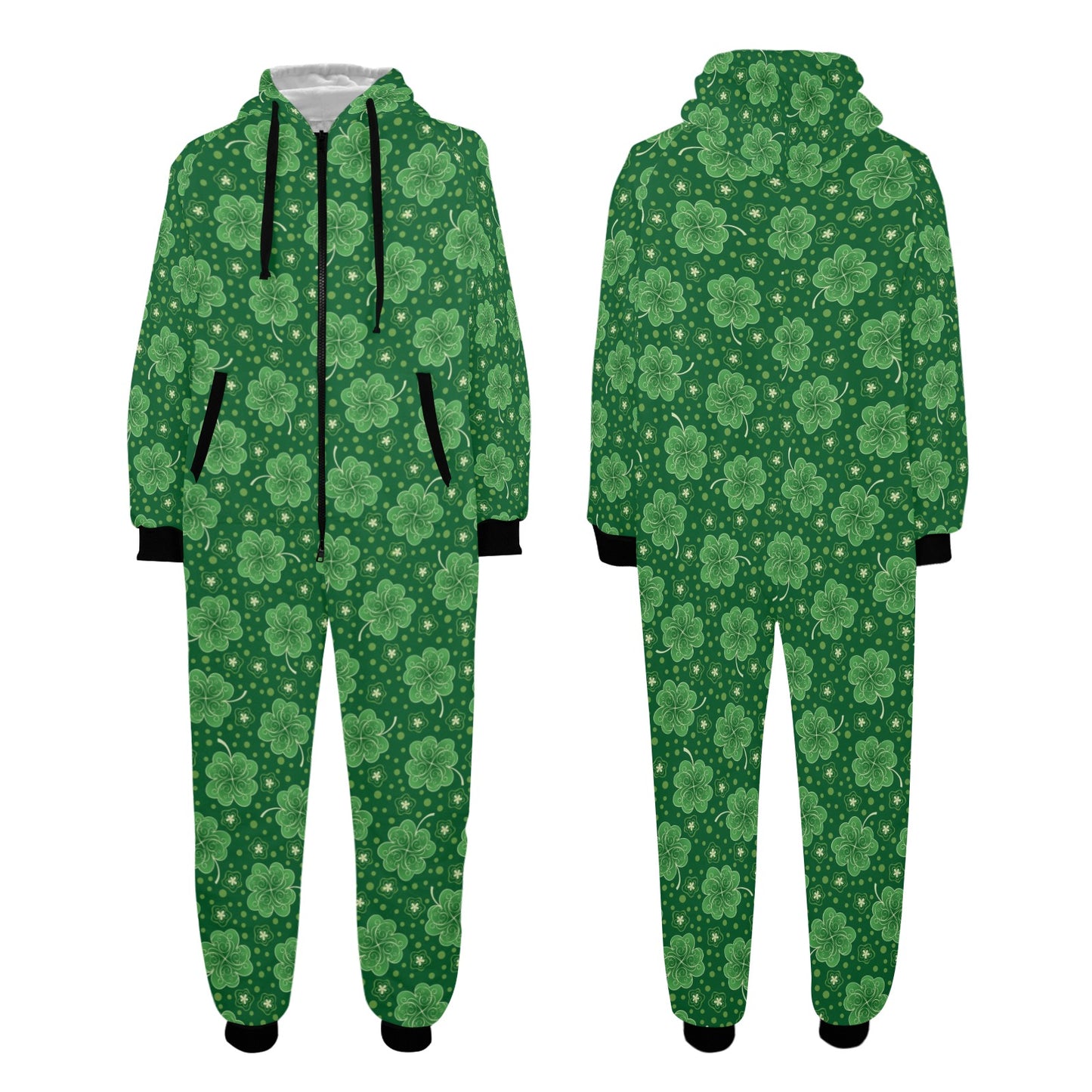 Shamrock Design Print Hooded Fleece Onesie Pajama Jumpsuit