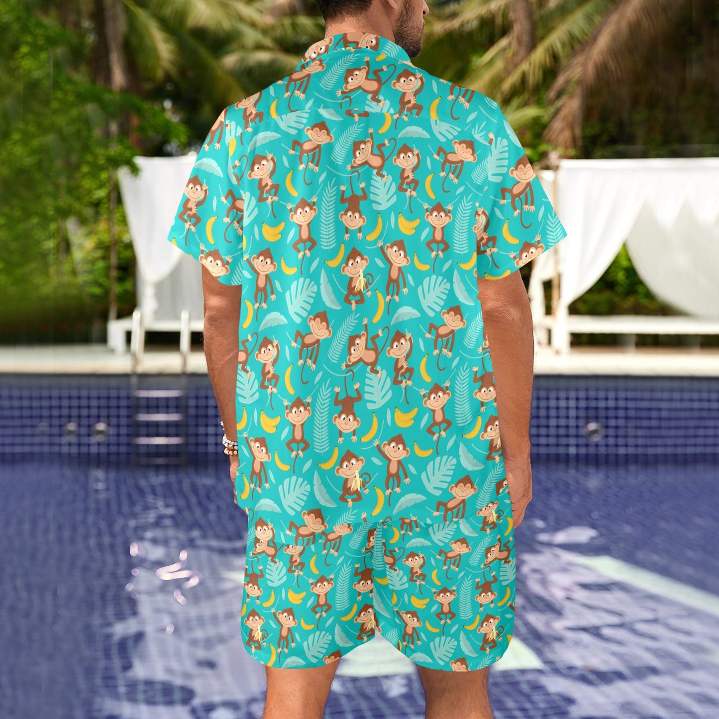 Monkey Happy Design Themed Print Men's Beach Shirt and Shorts Set