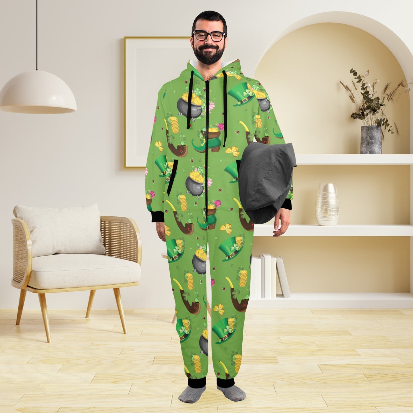 Shamrock Saint Patrick's Day Print Design LKS306 Hooded Fleece Onesie Pajama Jumpsuit