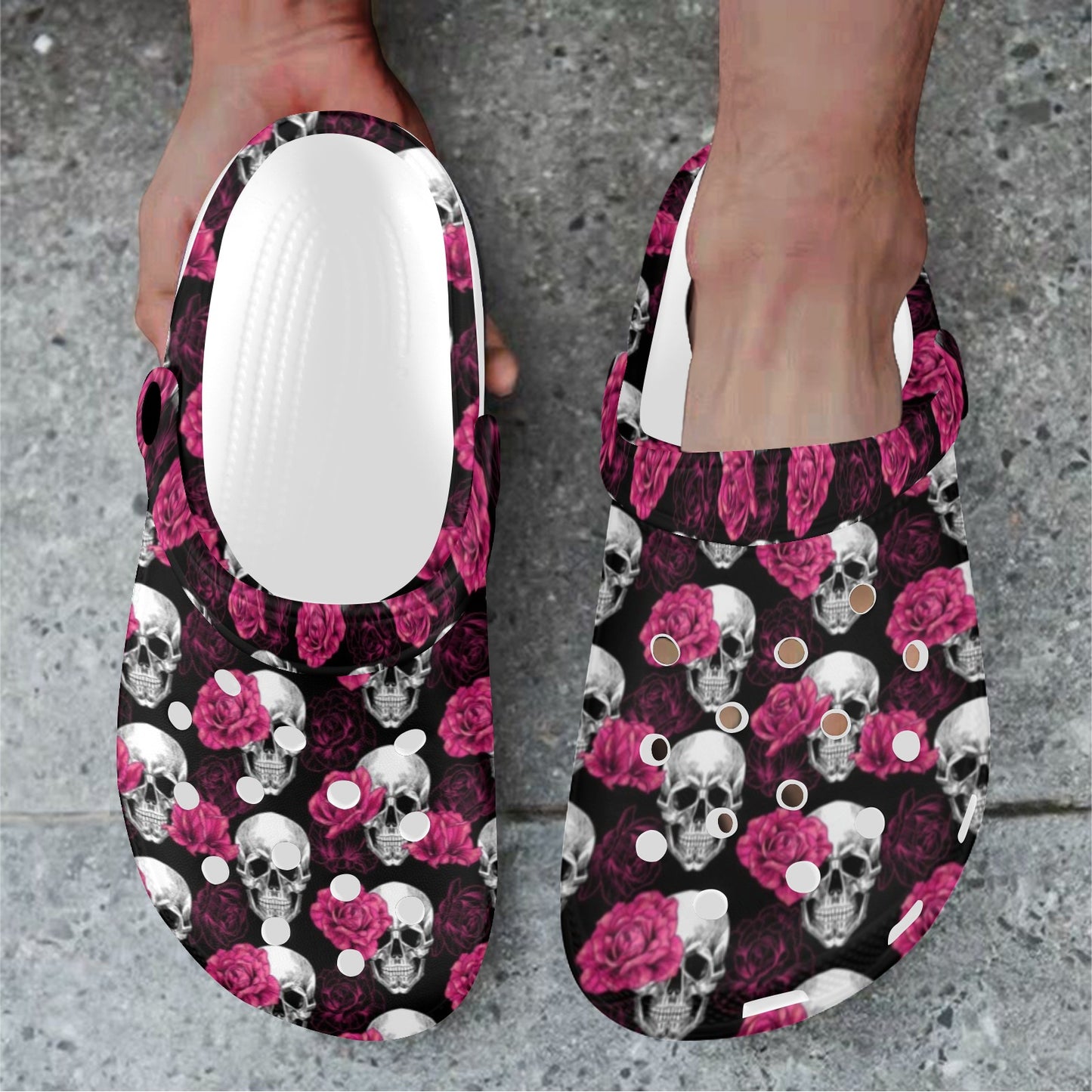 Pink Rose Skull Themed Print Unisex Clogs Shoes