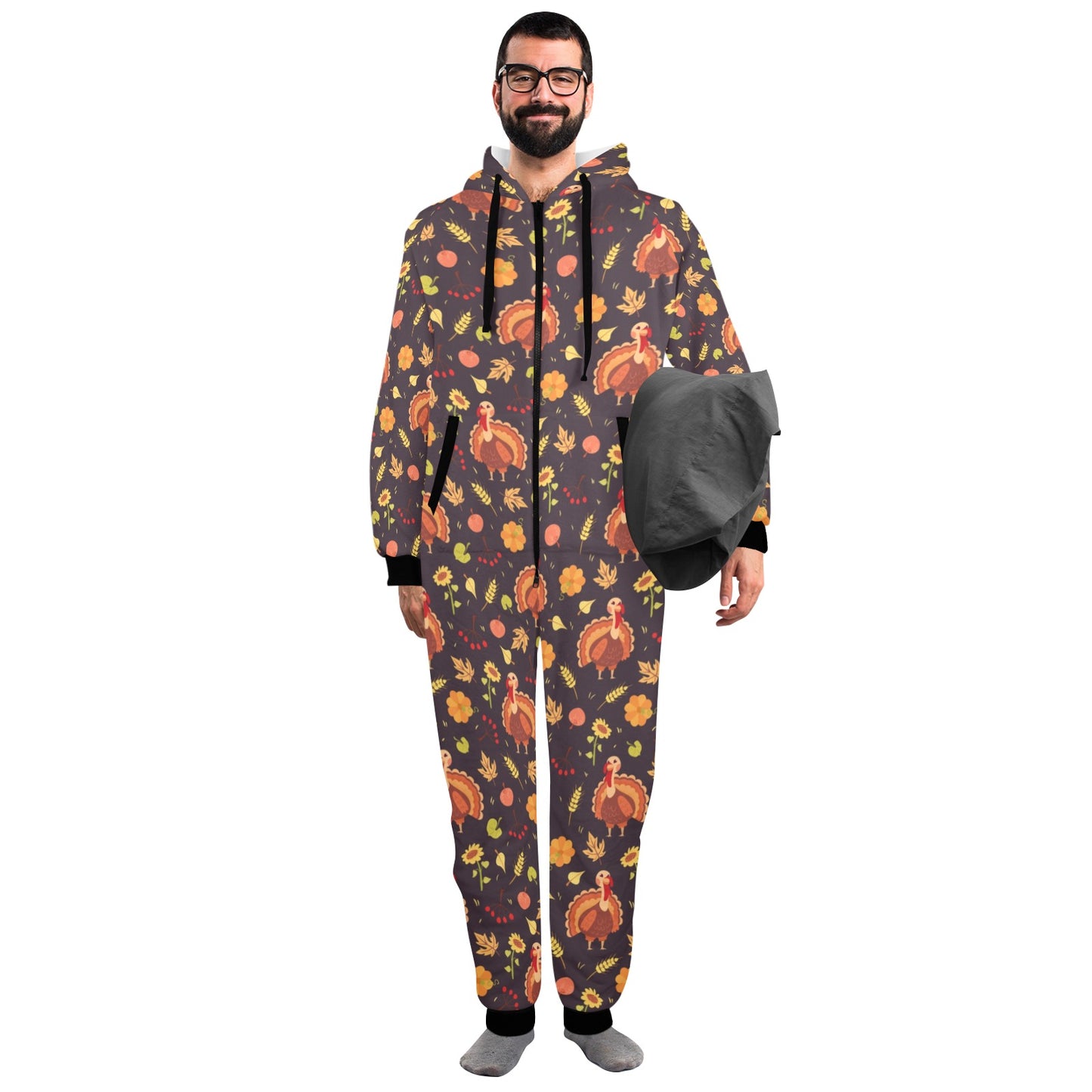Thanksgiving Print Design LKS305 Hooded Fleece Onesie Pajama Jumpsuit