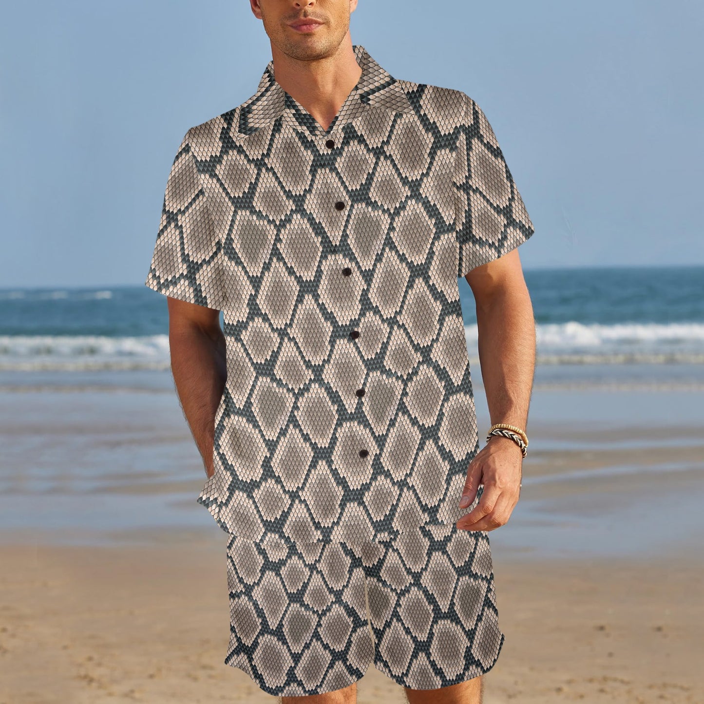 Snake Skin Design Print Men's Beach Shirt and Shorts Set