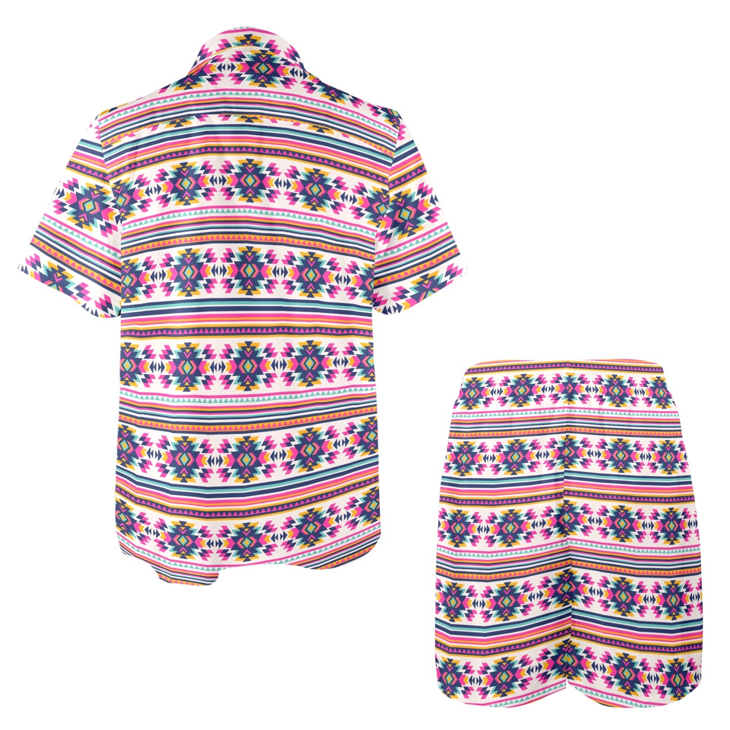 Indian Navajo Neon Themed Design Print Men's Beach Shirt and Shorts Set