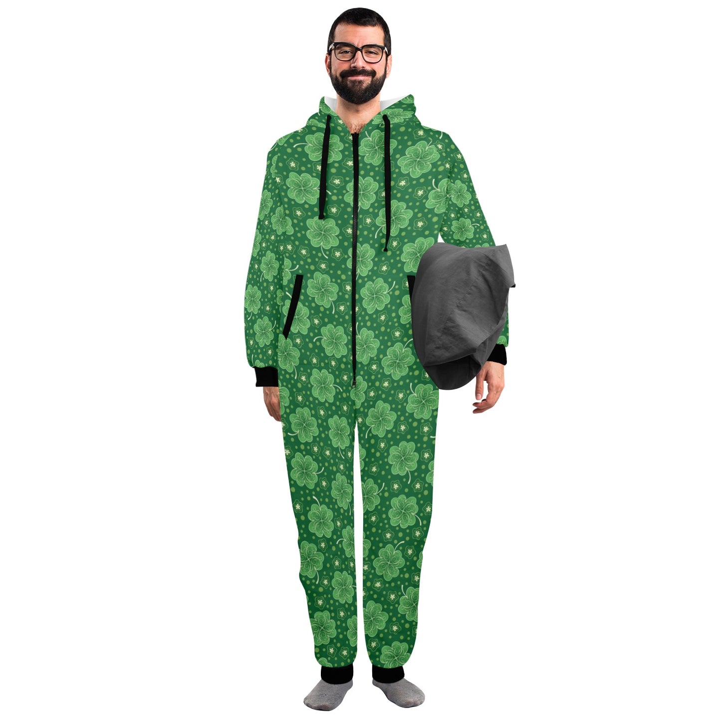Shamrock Design Print Hooded Fleece Onesie Pajama Jumpsuit