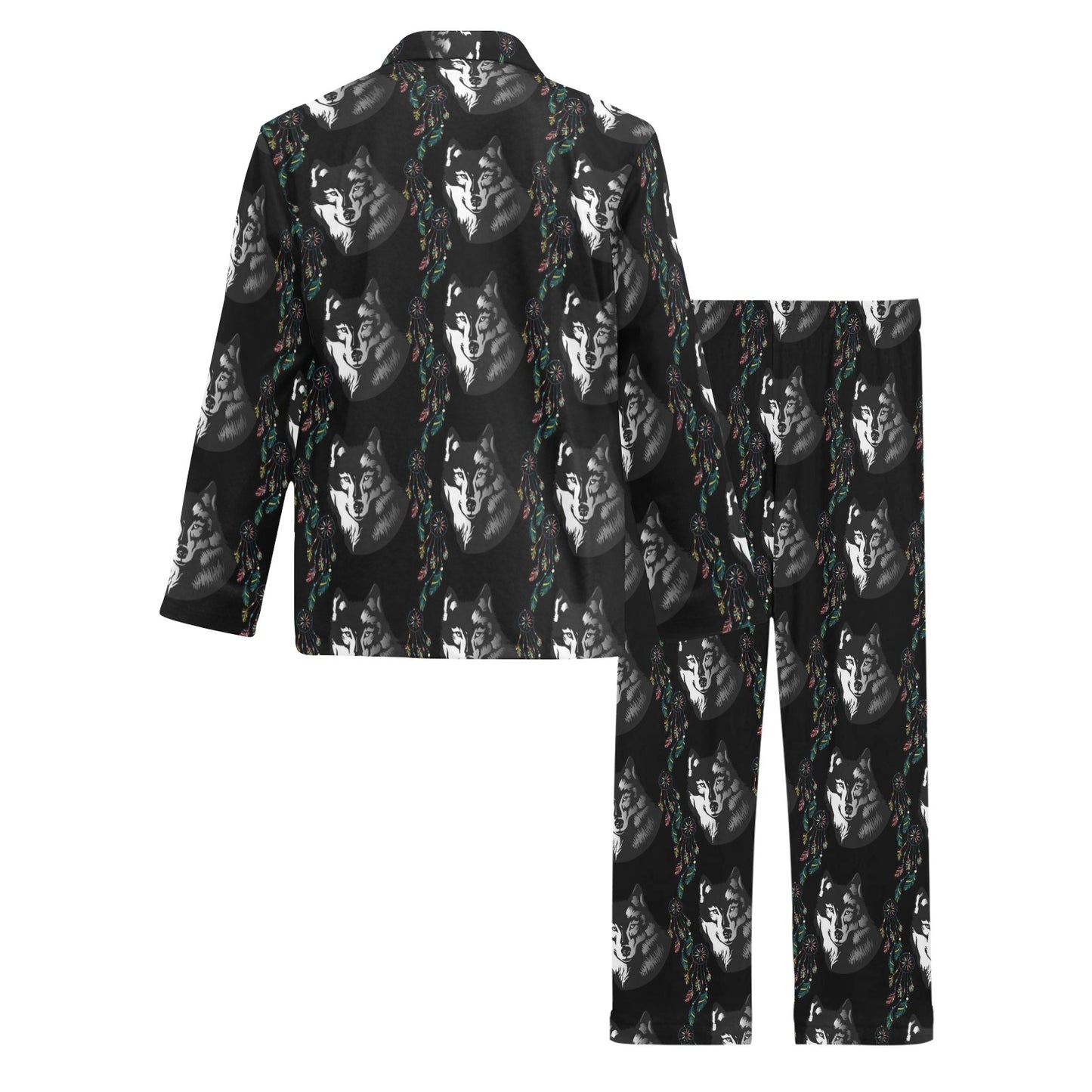 Wolf Black Dream Catcher Design Print Men's Long Pajama Set