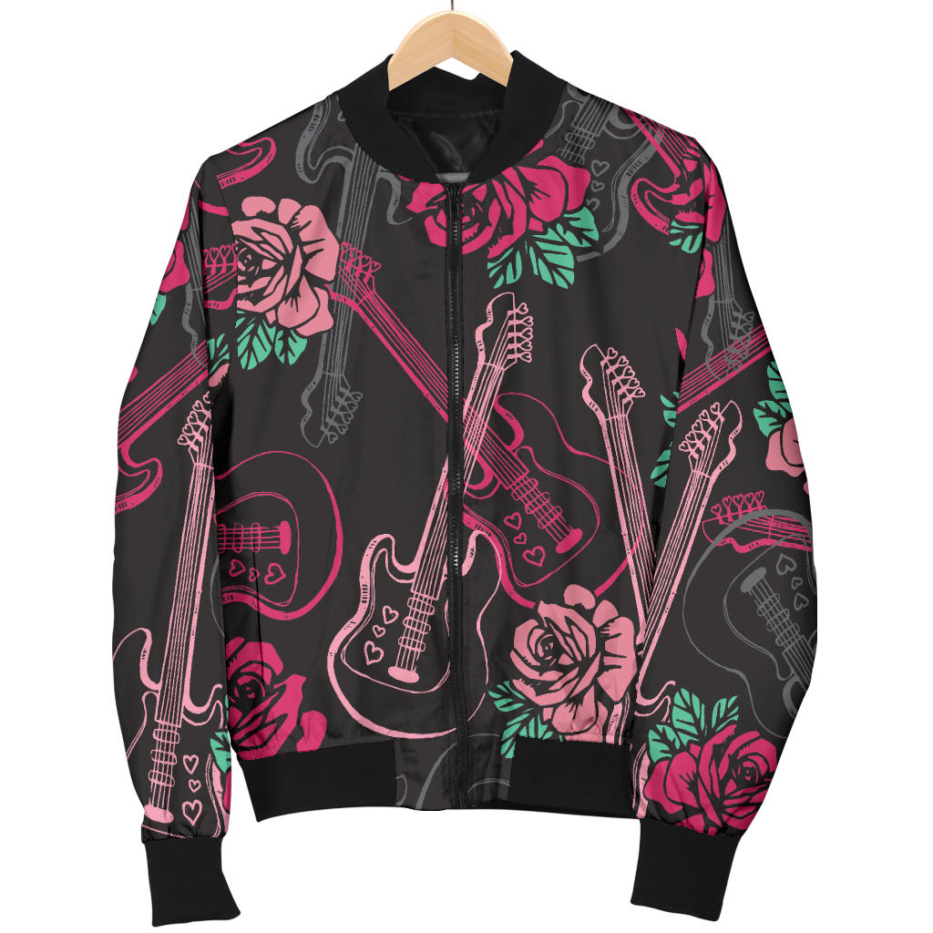 Bass Guitar Pink Rose Pattern Print Design 01 Men Bomber Jacket