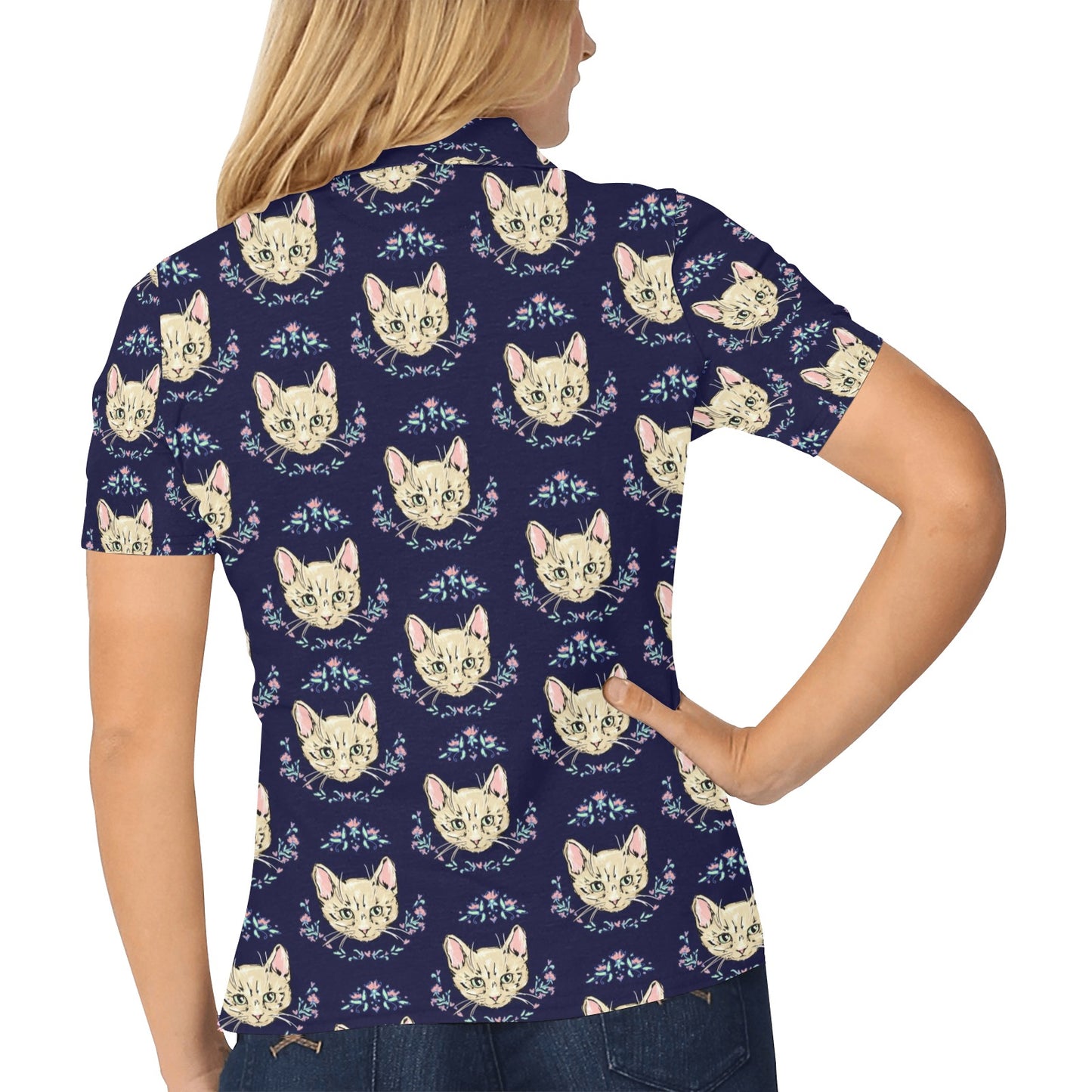 Cat Head with flower Print Pattern Women's Polo Shirt