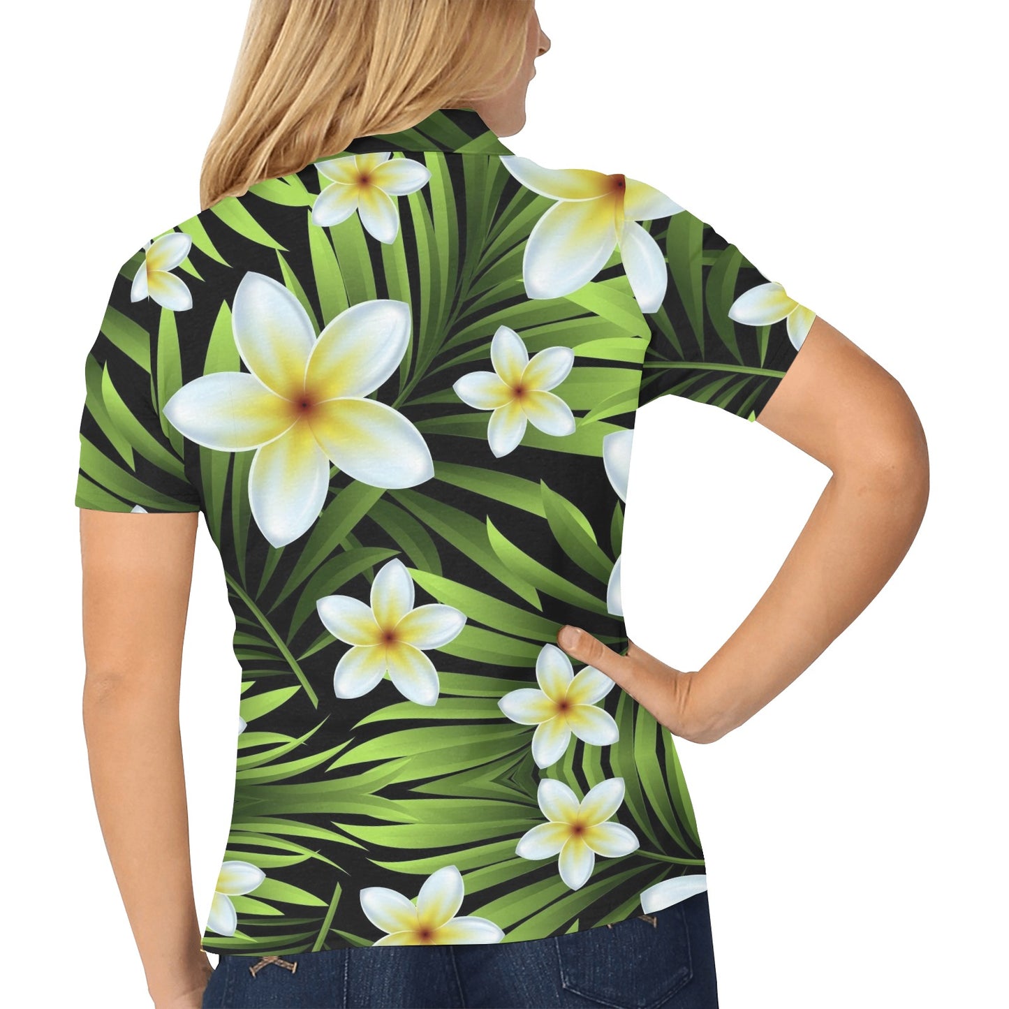 White Plumeria Pattern Print Design PM06 Women's Polo Shirt