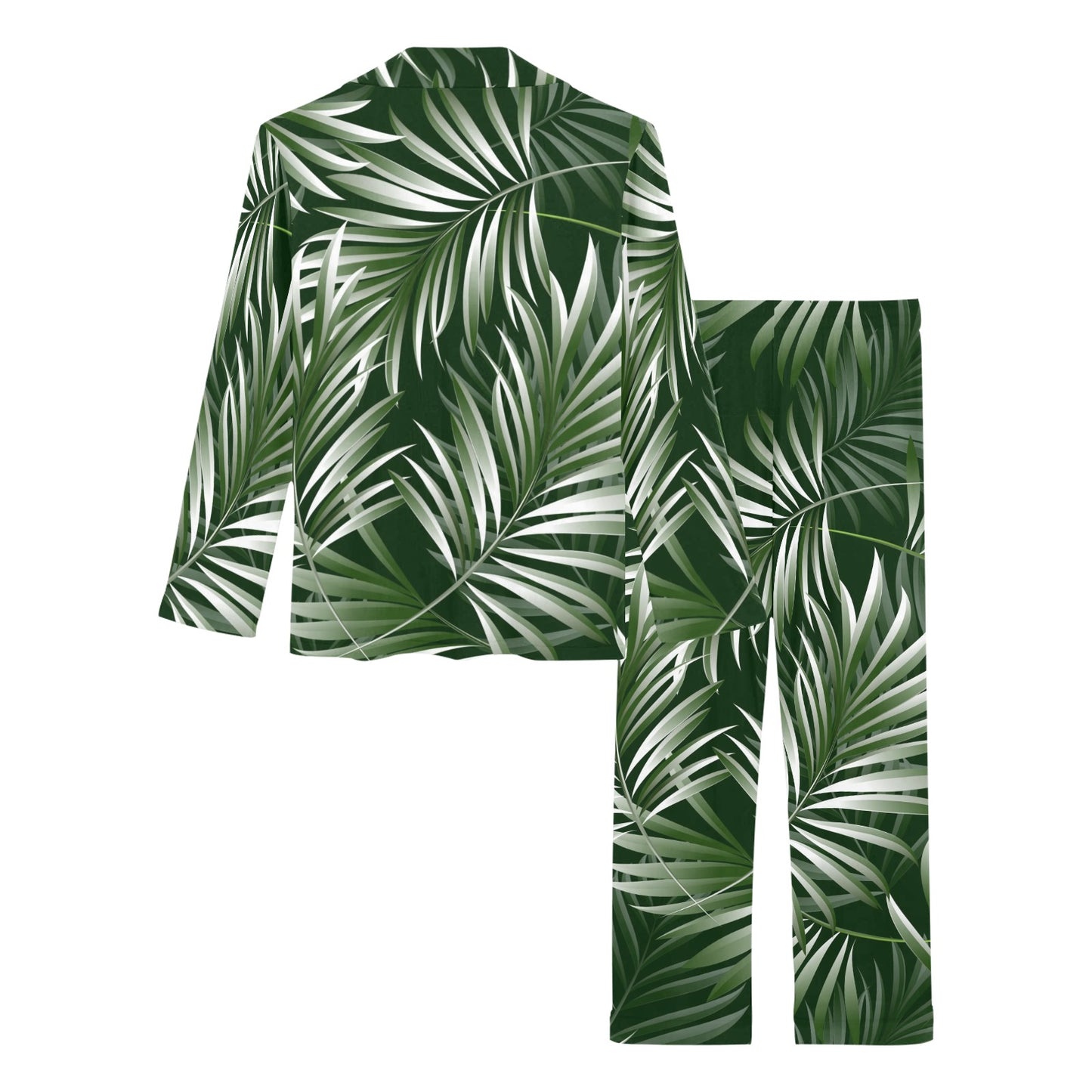 White Green Tropical Palm Leaves Women's Long Pajama Set