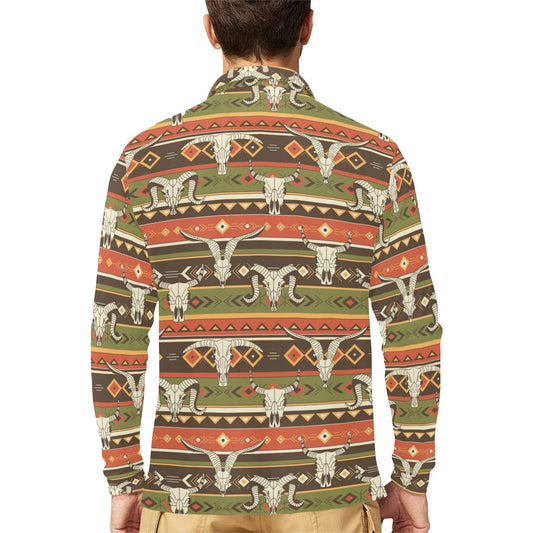 American indian Skull Animal Long Sleeve Polo Shirt For Men's
