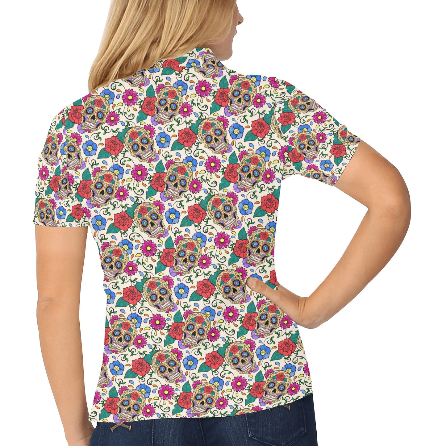 Sugar Skull Colorful Themed Print Women's Polo Shirt