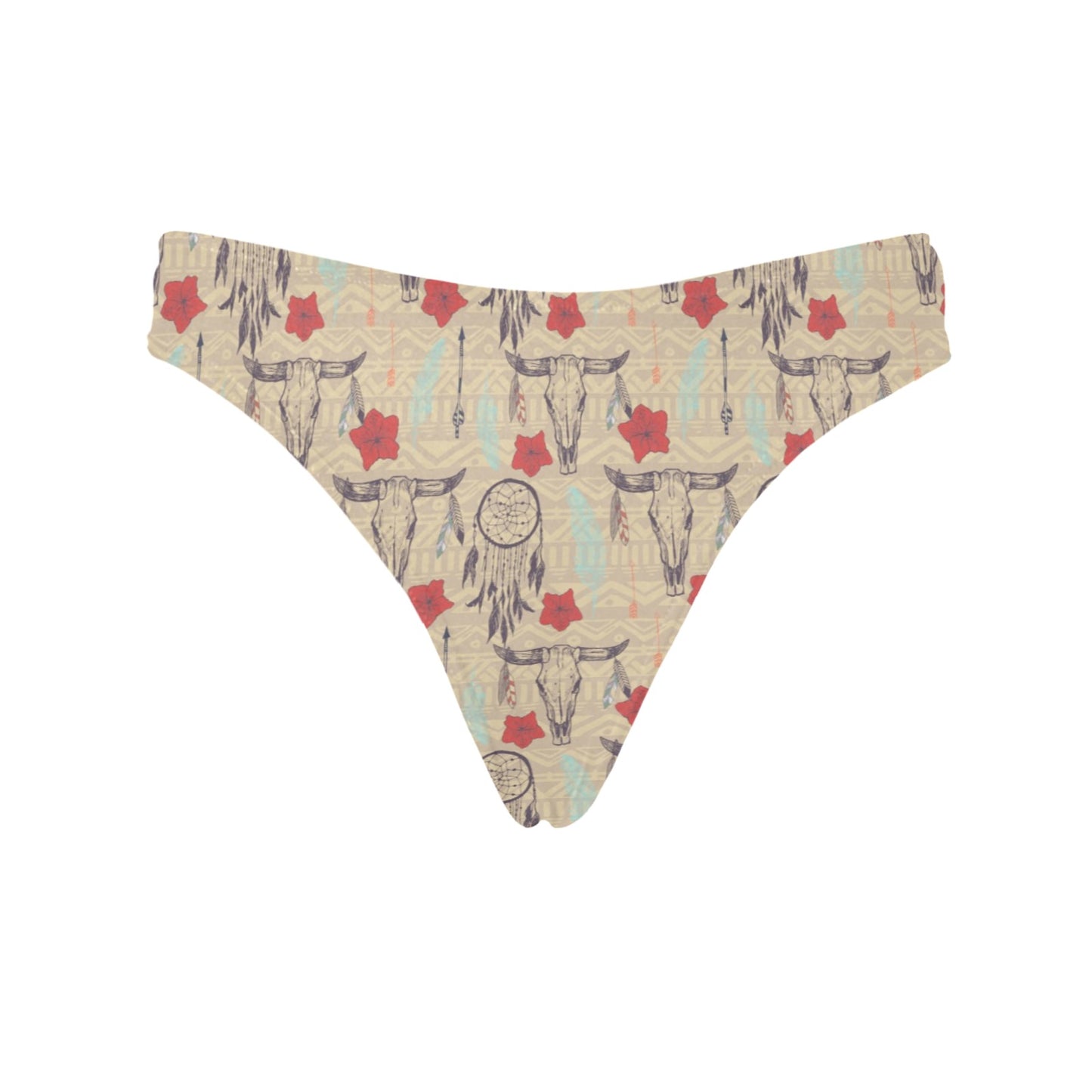 Native Buffalo Head Themed Design Print Women's Thongs