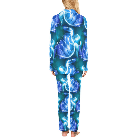 Blue Neon Sea Turtle Print Women's Long Pajama Set