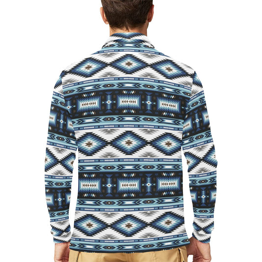 Navajo Dark Blue Print Pattern Long Sleeve Polo Shirt For Men's