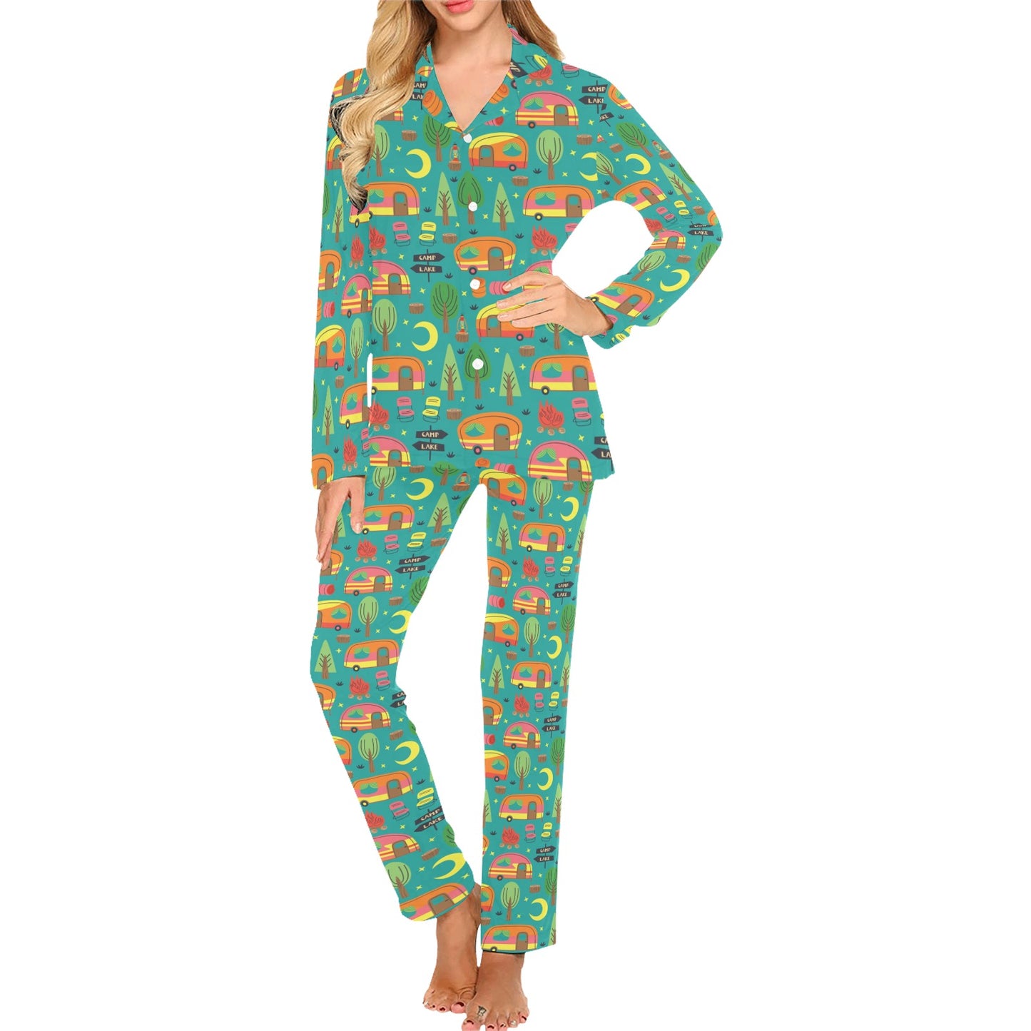 Camping Camper Pattern Print Design 05 Women's Long Pajama Set