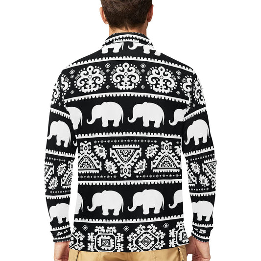Elephant Pattern Long Sleeve Polo Shirt For Men's
