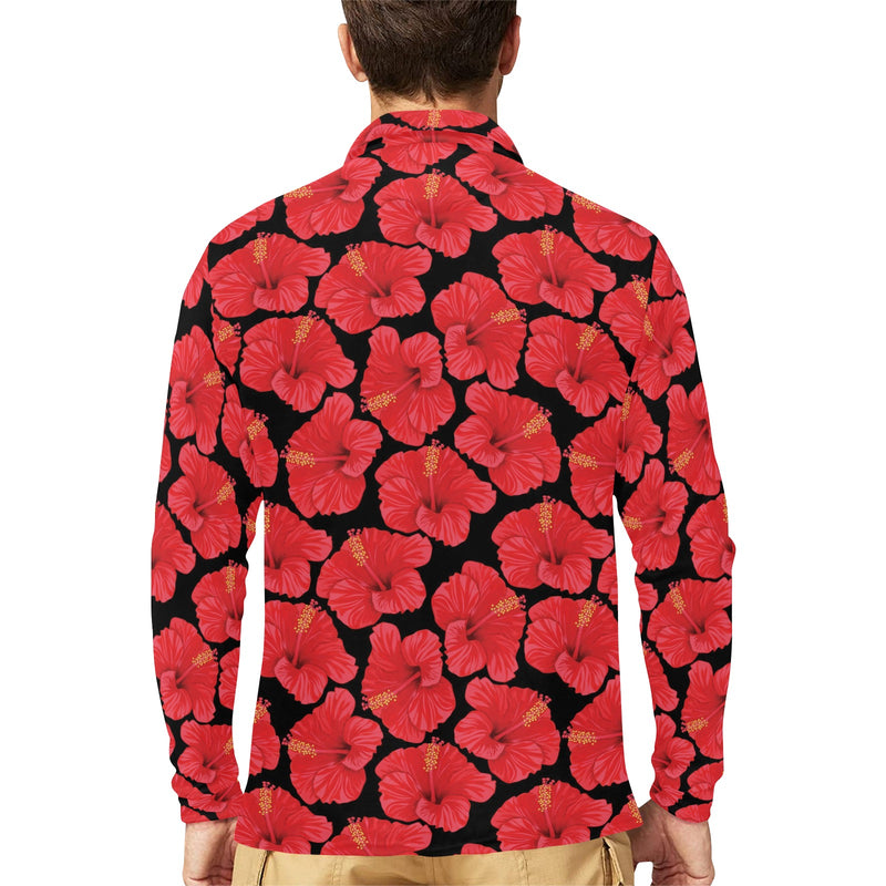 Hibiscus Red Pattern Print Design LKS306 Long Sleeve Polo Shirt For Men's