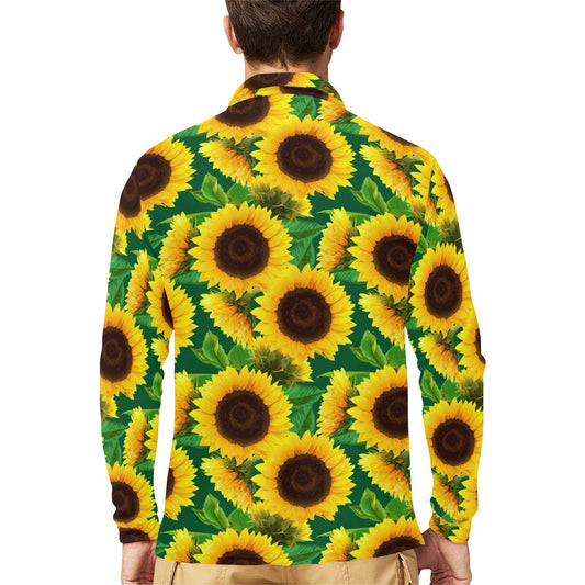 Sunflower Pattern Print Design SF02 Long Sleeve Polo Shirt For Men's