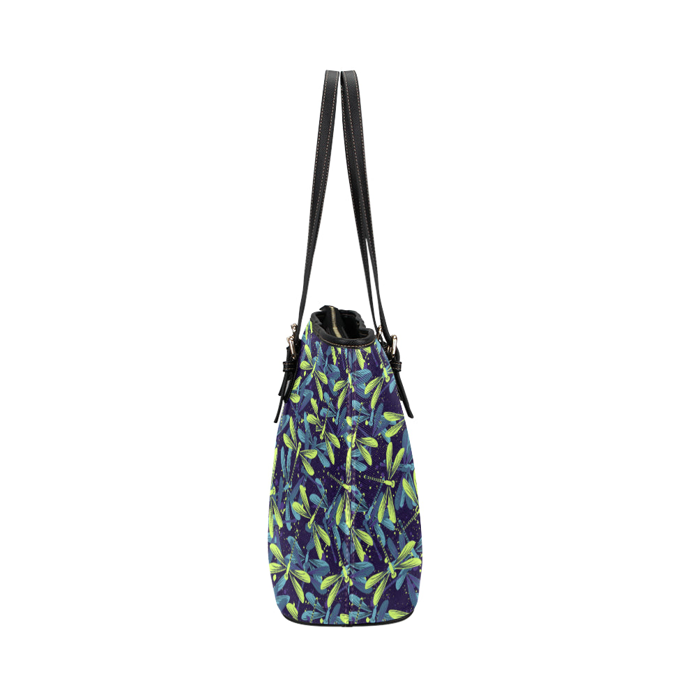 Dragonfly Lime Blue Print Pattern Leather Tote Bag