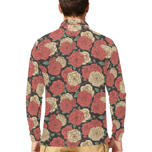 Camellia Pattern Print Design CM01 Long Sleeve Polo Shirt For Men's