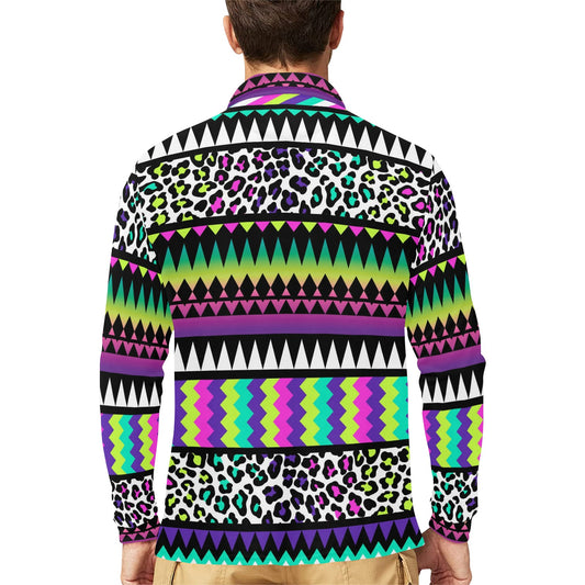 Animal Skin Aztec Rainbow Long Sleeve Polo Shirt For Men's