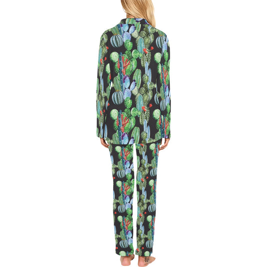 Cactus Watercolor Style Print Women's Long Pajama Set