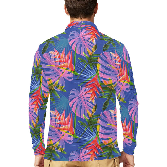 Tropical Flower Pattern Print Design TF025 Long Sleeve Polo Shirt For Men's