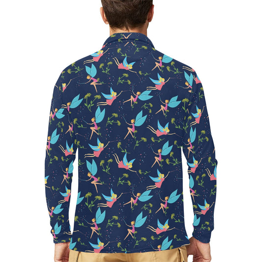 Fairy with flower Print Pattern Long Sleeve Polo Shirt For Men's