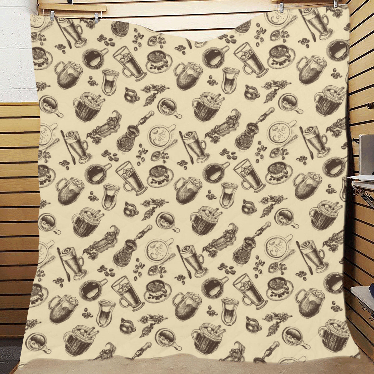 Coffee Pattern Print Design 05 Premium Quilt